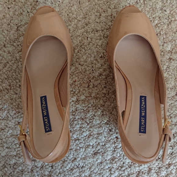 Stuart Weitzman Jean Patent Leather Slingback Wedge Sandals in nude size 7M - Picture 6 of 15